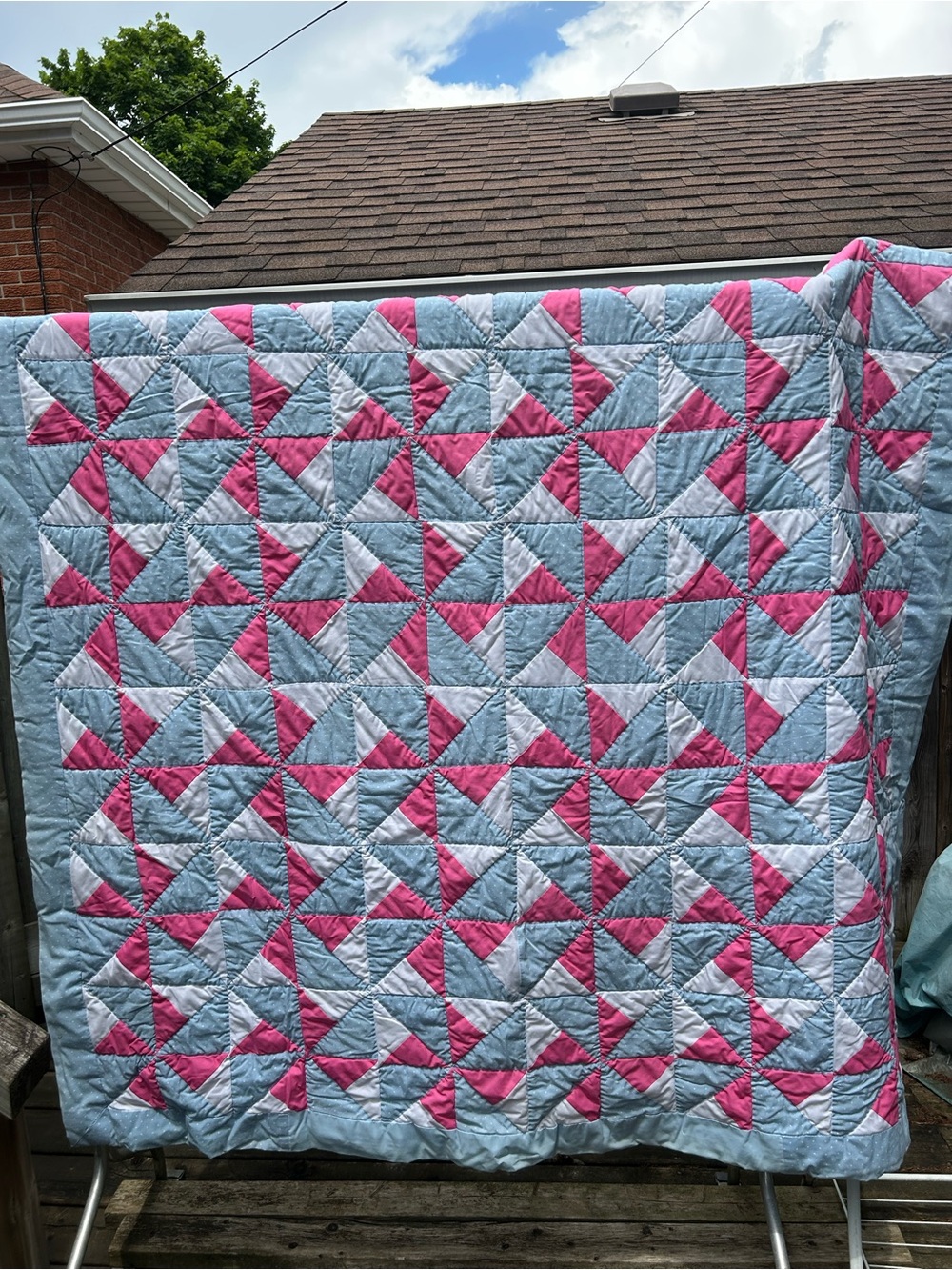 Handmade Quilt in Pink and Light Blue - Classic Patchwork Bedding